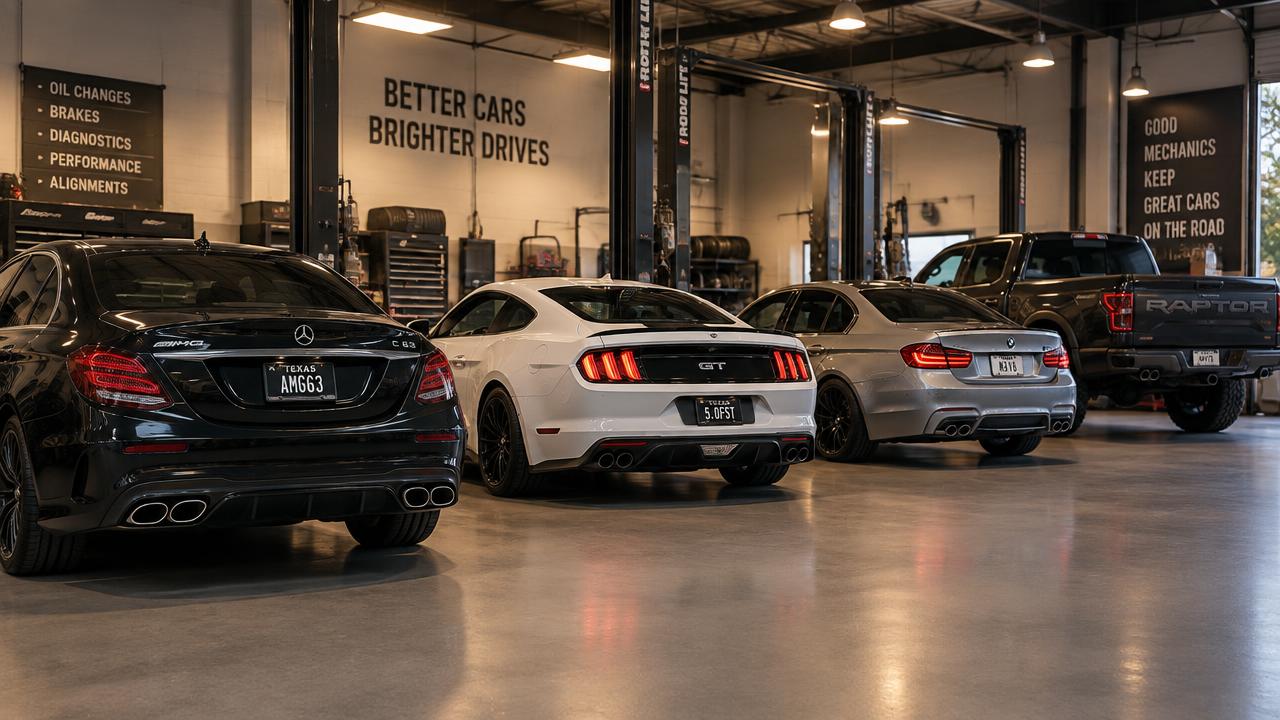 Mercedes-AMG, Mustang, BMW and pickup truck parked in the C63 Euro Shop service bay