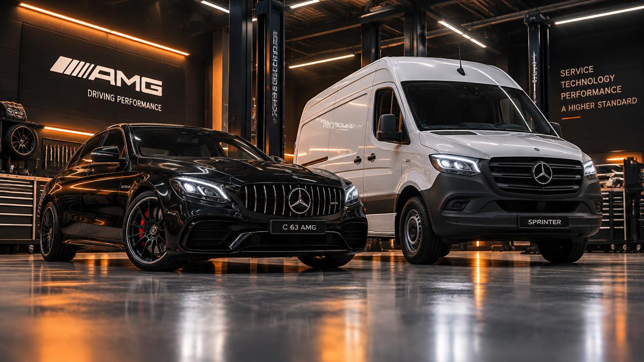 Mercedes-Benz C63 AMG and Sprinter van in the C63 Euro Shop service bay